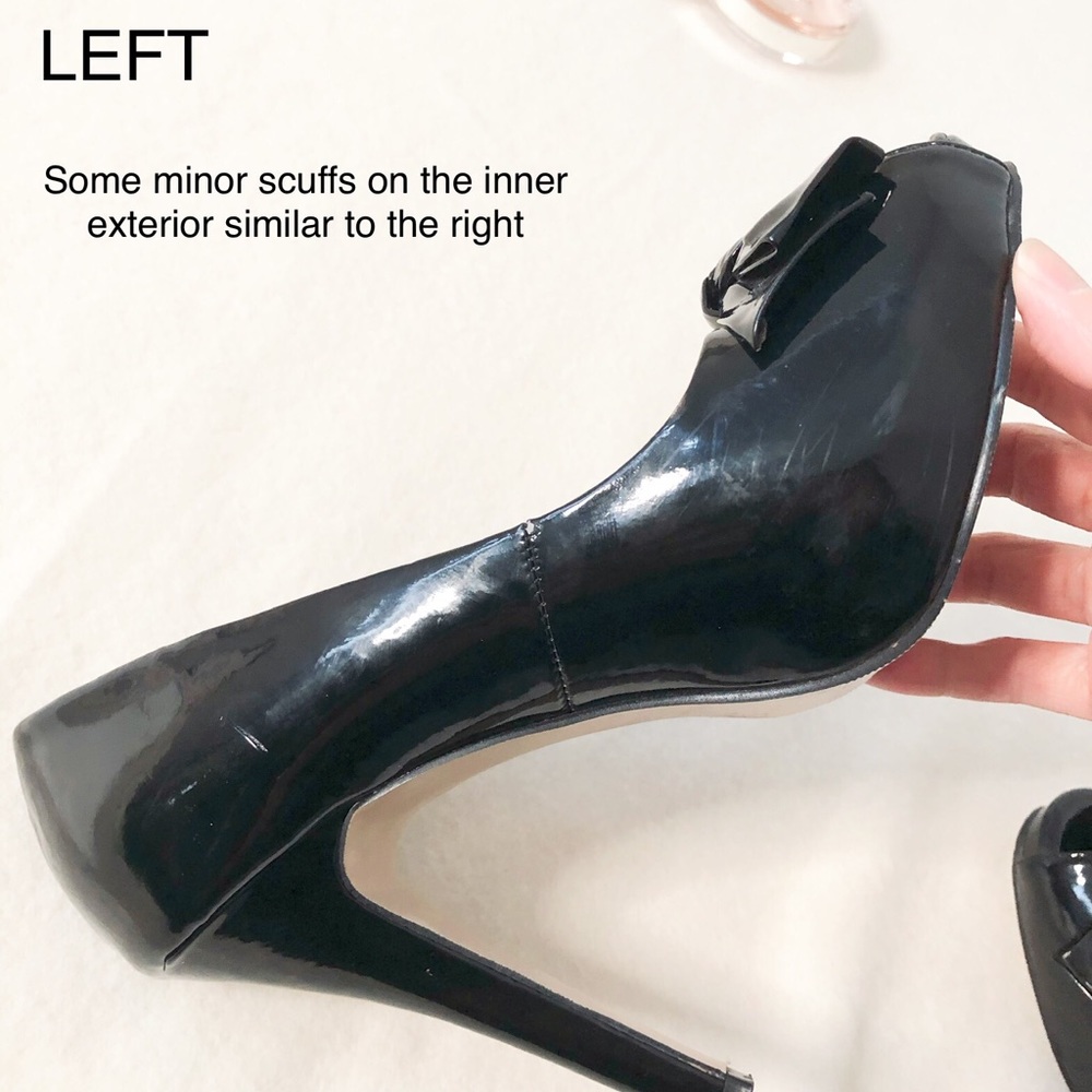 Zara Black Peep Toe Stiletto Heels Bow Detail Faux Vegan Patent Leather Shoes - Picture 15 of 16